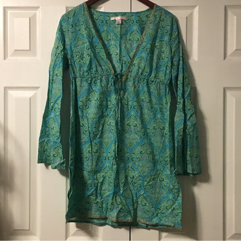 Victorias Secret Green and Gold Trim Paisley Caftan Tunic